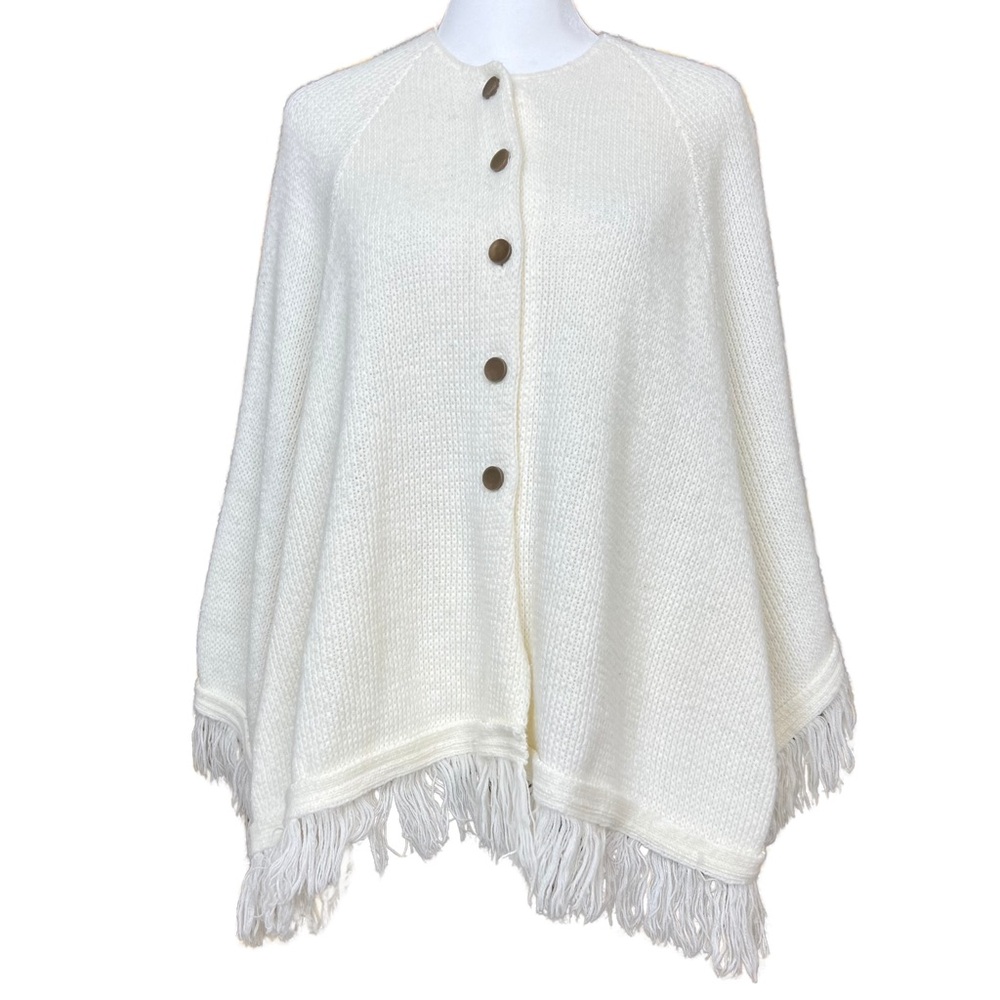 Vintage Western Sportswear White Knit 60s / 70s Poncho Cape with Fringe Size O/S